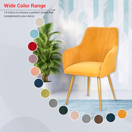 Image of Taboo Velvet Dining Chair Set of 6 | Upholstered Accent Arm Chairs | Soft Cushioned Seat with Backrest | Modern Velvet Fabric Chairs with Metal Legs | Living Room, Bedroom, Cafe & Restaurant | Yellow