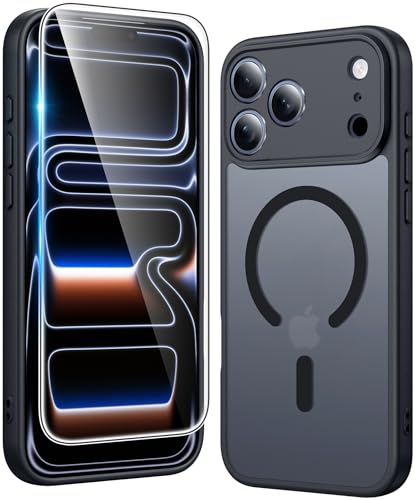 Image of FNTCASE for iPhone 17 Pro Case: Matte Magnetic Phone Cases with Screen Protector Compatible with Magsafe Slim Anti Yellowing Rugged Shockproof Protective Translucent Cell Phone Cover (C-Black)