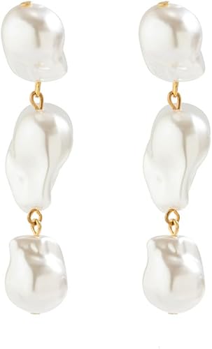 14K Gold Plated Long Pearl Drop Dangle Earrings for Women White Pearl Tassel Ear