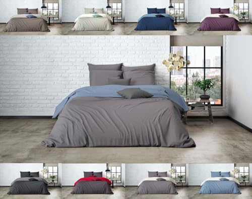 MISTRAL HOME Uni Einfarbig Wende Bettwäsche Edel Perkal 100% Ägyptische Baumwolle, Maße:135 cm x 200 cm, Farbe:Dark Grey-Soft Blue
