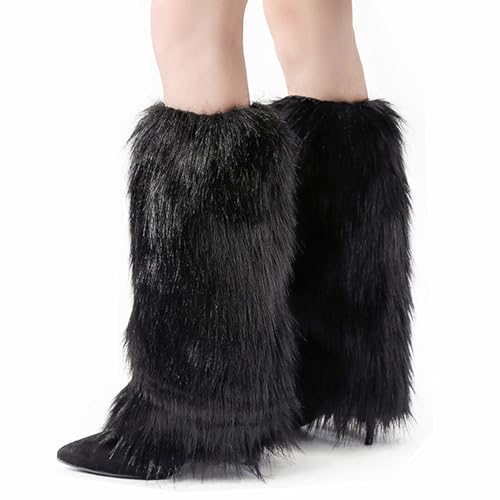 Women's Fur Leg Warmers Faux Fur Fluffy Leg Warmers Soft Boot Cuffs Cover for Halloween, Christmas, Mardi Gras, Black