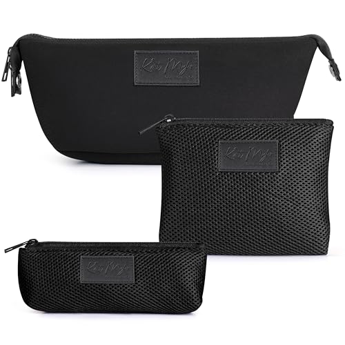 Kat Myhr Neoprene Washable Travel Makeup & Cosmetic Bag Set, 2 Air Mesh Pouches,100% Neoprene Toiletry Bag, Large Water Resistant Travel Bag for Toiletries, Makeup Cosmetic Travel Bag (Jet Black)
