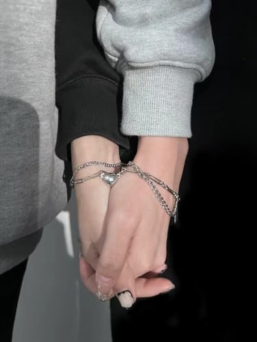 CRIZTIK Stainless Steel Couple Bracelet Paper Clip Link Chain Layered Chunky Chain Bracelet Handmade Lock Pendant Bracelets Set Friendship Bracelets Gift for Women Men4