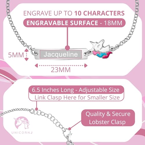 Image of UNICORNJ Sterling Silver 925 Engravable ID Bracelet Rolo Chain for Girls Heart with Pink Enamel 6.5 inch