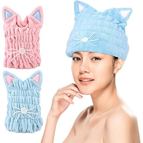 2stk Trockenes Haar Hut Haarturban Mikrofaser Schnell Trocknende Badekappe Turban Handtuch Kinder Schnell Trocknende Haarwickel mit Katzenohren Super Absorbent Towel Korallen Fleece für Frauen Mädchen Cover