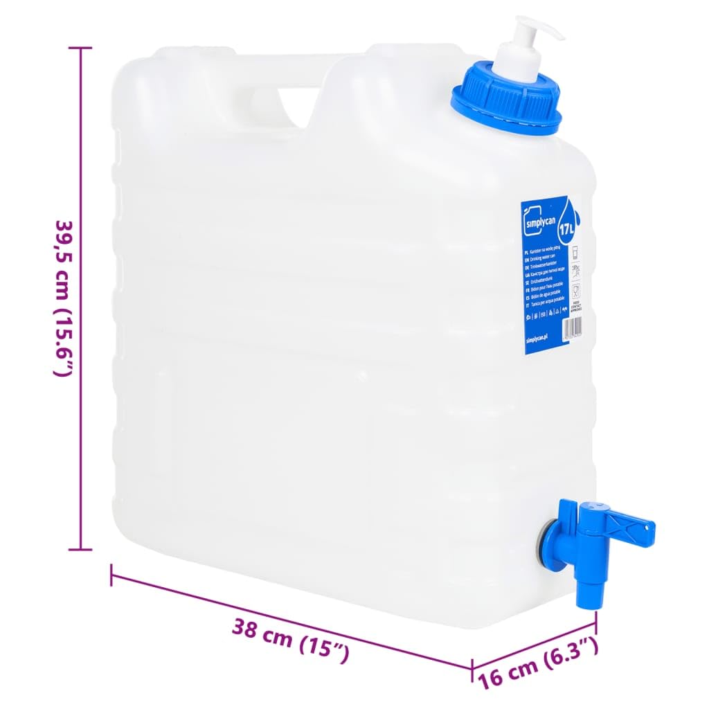 Pojemnik na wodę z kranem i dozownikiem mydła, 15 l, tworzywo sztuczne HDPE, kanister z możliwością układania w stos z uchwytem do noszenia, praktyczny pojemnik na zapasy na kemping, do domu