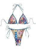 BEAUDRM Women's 2 Piece Floral Boho Bikini Set Y2K Triangle Thong Bikini Halter String Bathing Suit High Cut Cheeky Swimsuit Multi Medium