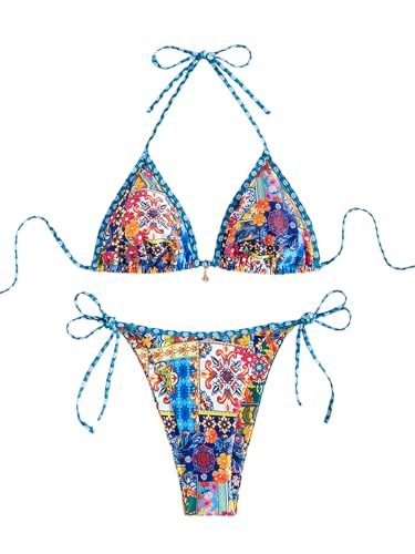 BEAUDRM Women's 2 Piece Boho Bikini Set Triangle Thong Bikini Halter String Bathing Suit High Cut Cheeky Swimsuit Multi Medium
