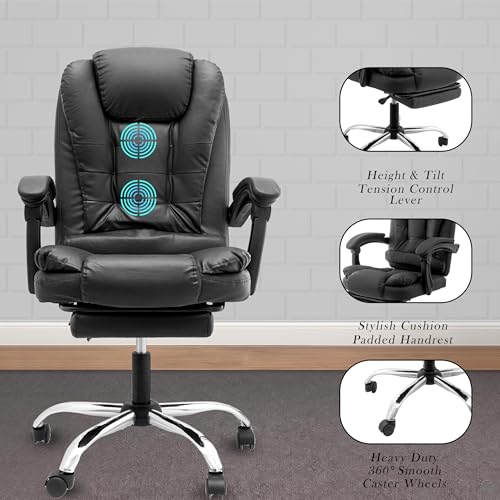 Image of Casa Copenhagen Italia Leatherette Office Chair for Work | Boss Chair, Ergonomic Executive, Luxurious Cushioned Arms & Seat, 2 Point Back Massager, Adjustable Leg Rest, Heavy Duty Metal Base (Black)