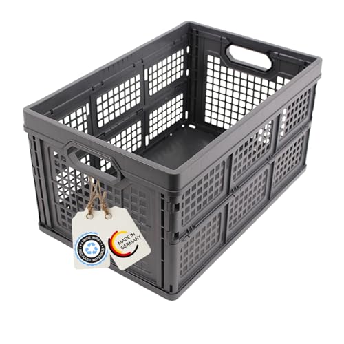 DieKlappbox - Stabile Einkaufsbox klappbar, Klappbox 45L, 60% Recycling-Plastik, Made in Germany, TÜV, verstärkter Boden, 52,5x34,5x28 cm, Dunkelgrau