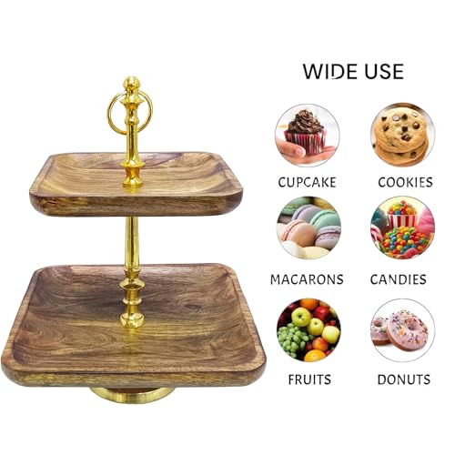 Image of 2-Tier Wooden Dessert Stand with Gold Metal Frame - Elegant Square Tray Display for Cakes, Cupcakes, Pastries - Perfect for Parties, Weddings