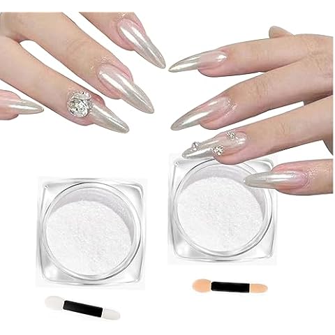 2Pcs Pearl Chrome Nail Powder,Ice Transparent Aurora Nail Powder,White Chrome Nail Powder Chameleon Powder for Nails Iridescent Pigment Pearlescent High Gloss Glitter (2pc White) Cover