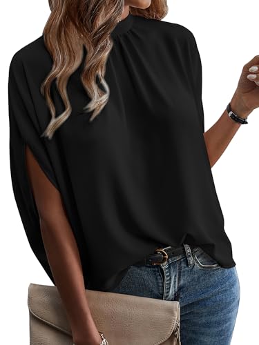 ONAYEYO Damen Elegant Bluse Casual Lose Tunika Shirt Hinten Schnüren Verspotten Nacken Dolman-Ärmel Oberteil T Shirt Sommer Einfarbig Top (XL, Schwarz)