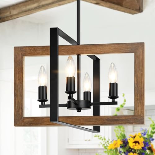 11.3"-55.3" Height Adjustable Real Wood Chandelier, No Assembly Required 4-Light Rustic Dining Room Light Fixture Over Table, Hanging Chandelier for Kitchen Living Room Foyer Entryway
