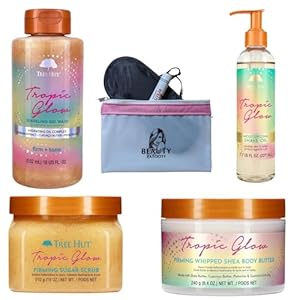 Tropic Glow Gift Set – Body Scrub, Body Wash, Body Butter, Shave Oil – Bundled With Beauty Patooty Self-Care Kit (Makeup Bag, Lip Balm, Satin Eye Mask)