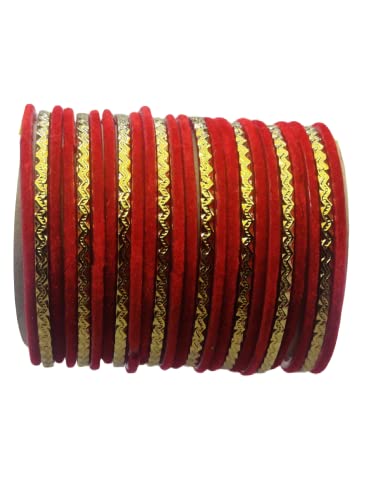 Red Jawshee Velvet Bangles Golden Set, 2 Dozen Glass Velvet Bangles, Matte Color With Velvet Layer For Added Beauty And Durability, Beautiful Women's Bangle Bracelets, Indian Bangles Jewelry Sets For Women (Red, Size: 2.6, Diameter: 2.25 Inches) #TOP7