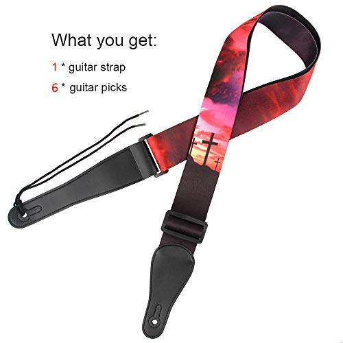 Guitar Strap For Acoustic - Vintage Strap For Classical And Electric Guitars Adjustable Soft Polyester Cotton Strap With Free Guitar Picks (Sunset) #TOP6