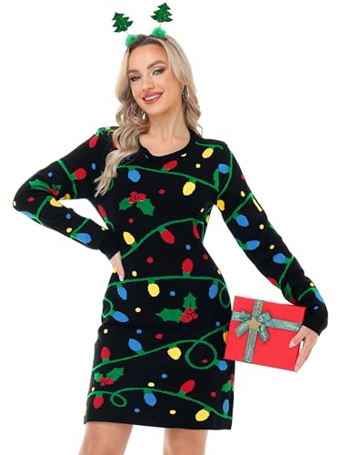 Magrank Ugly Sweater Dresses Women Christmas Lights Printed Pullover Outfits