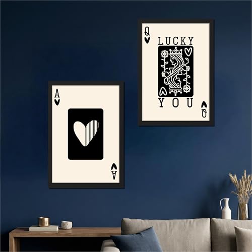Image of NoWorries Typography Playing Cards Wall Art Framed Painting | Lucky Ace and Queen Heart Card Art Prints | Minimal Black & White Aesthetic Wall Decor | Premium 300 GSM Paper Print with Synthetic Wooden Frame | Modern Wall Art for Living Room, Bedroom & Office (Set of 2) (BLACK, ART-5, 13X19INCHES)