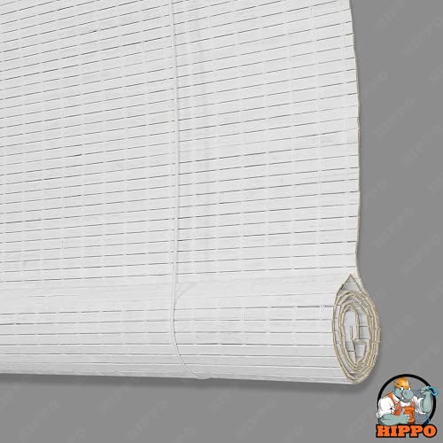 Image of HIPPO Bamboo Curtains - W-4 FT X H-7 FT Rope Mechanism Roll Up Down Indoor Bamboo Shade for Sun & Dust Protection for Home Window, Balcony, Restaurant, Hotel, Resort (White)