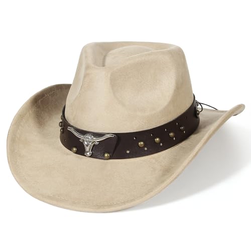 EOZY Sombrero de vaquero de ante estilo occidental para mujeres y hombres, correa de sombrero desmontable, vintage, sombrero de gamuza, sombrero de festival de música country, protección ligera contra