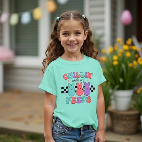 Image of Girls Easter Bunny Shirts Chillin with My Peeps Letter Print T-Shirt Cute Rabbit Short Sleeve Tee Tops