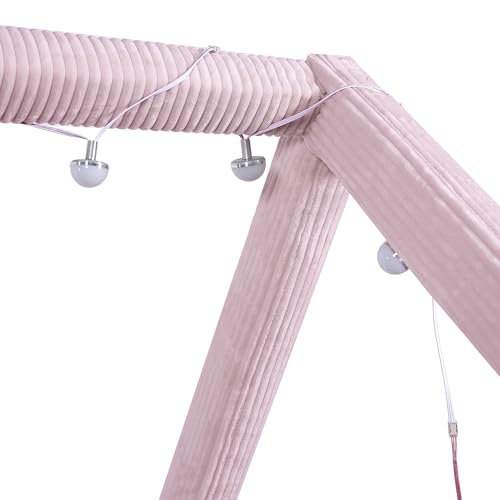 Image of Full Size Cute Corduroy Fabric Upholstered House Daybed with LED Light Strips and Vertical Striped Design, Low Solid Wood Platform Bed with Roof Frame for Kids Teens Girls Boys Bedroom (Pink-01)