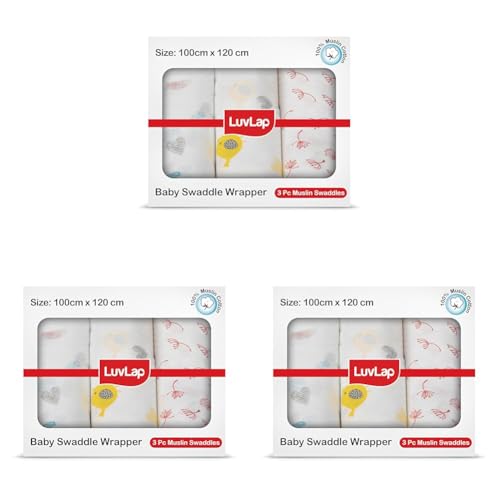 Image of LuvLap 100% Cotton Muslin Baby Swaddle Set, Baby Towel, Size-120cm x 100cm (47 inchx39 inch), Hearts Birds Printed on White, 0-18 Month+, Printed Mulmul Muslin Swaddle Wrap for New Born, Pack of 9