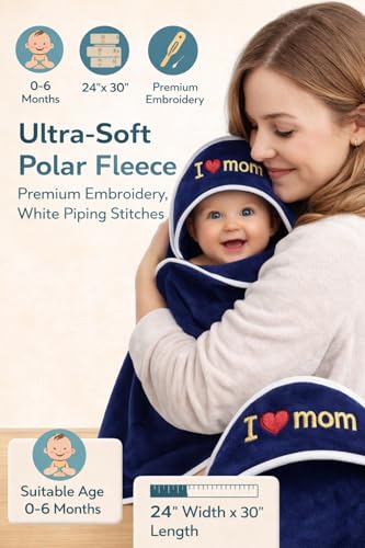 Image of First Kick Baby Blanket Newborn Polar Fleece Hooded Blanket with Premium Embroidery, 200 GSM All-Weather Newborn Wrapper, White Piping Stitch, 24 x 30 Inches, 0-6 Months, Navyblue