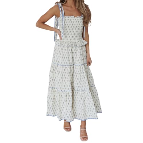 Image of Women Y2k Boho Maxi Dress Tie Shoulder Backless Strappy Tiered Flowy Dress 2024 Summer Floral Beach Sundress