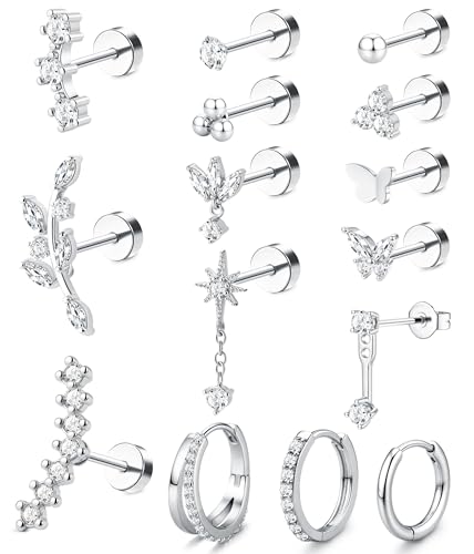 MILACOLATO 16G/18G/20G Helix Piercing Schmuck Flache Ohrringe für Frauen Hypoallergene Ohrringe aus Chirurgischem Stahl Ohrstecker Creolen Knorpel Ohrstecker Conch Daith Tragus Piercing Schmuck-F-CS
