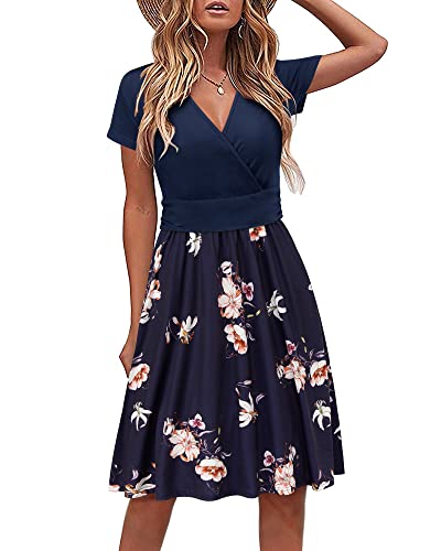 STYLEWORD Damen Sommerkleid Kurzarm V-Ausschnitt Kleider Blumenmuster Kleid Strandkleid Mit Taschen(floral05,Groß)