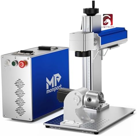 Monport 30W Fiber Laser Engraver＆Rotary Axis and Lightburn, Fiber Laser Engraving Machine with Red Dot Pointer 5.9" x 5.9" Work Area for Metal, Silver, Stainless Steel, Gold and More, Blue