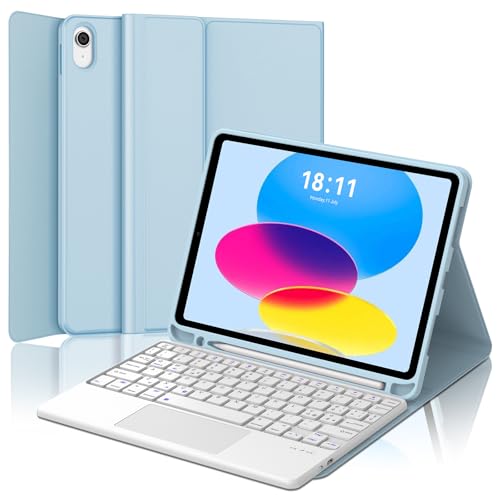 FOGARI Teclado para iPad 10 Generación/11 Generación A16 con Touchpad, Funda con Español Ñ Teclado para iPad 10.ª/11.ª Generación 2024/2025 A16 Teclado con Trackpad, Azul Claro