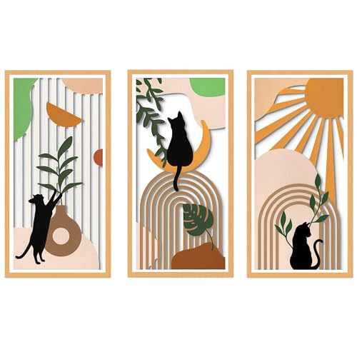 HUASUN 3-Piece Boho Wooden Wall Art, Laser-Cut Wall Decor with Cats, Sun & Tropical Leaves, Fade-Resistant & Warp-Proof, Pre-Installed Hooks for Easy Living Room & Bedroom Wall Decor