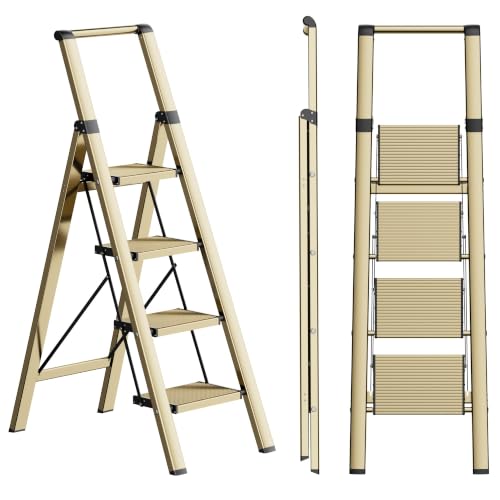 Image of SOLADDER 4 Step Ladder, Lightweight Folding Step Stool, Brown Gold