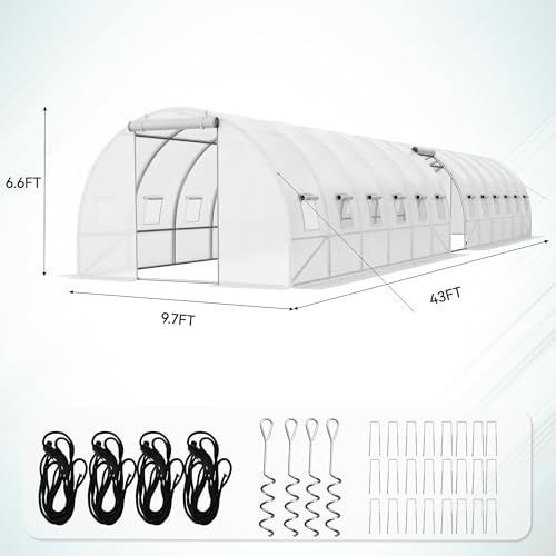 YITAHOME 44x10x7ft Greenhouse Extra Large Heavy Duty 4 Zipper Doors Outdoor Greenhouses 24 Windows Walk in Tunnel Green House Plant Gardening Upgraded Galvanized Steel Frame for Garden, White