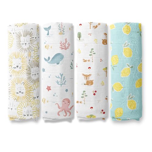 haus & kinder 100% Cotton Muslin Swaddle Wrap for New Born Baby | Pack of 4 (100×100 cm) | Baby Blanket & Swaddles for Newborn | Fruity Fauna Collection
