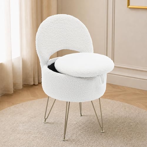 Korser Vanity Stool Chair with Storage and Folding Back, 13x13x27.6 Round Faux Fur Comfy Ottoman, 4 Metal Legs with Anti-Slip Feet, Makeup Chair for Living Room, Bedroom, Dressing Room