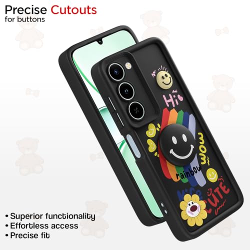 Image of Pikkme Back Cover for Realme P4 Lite 5G / Realme C83 5G | Soft Silicone| Cute Rainbow Smile & 3D Cartoon Flower Design | Shockproof Raised Camera Protection Bumper Case (Black)