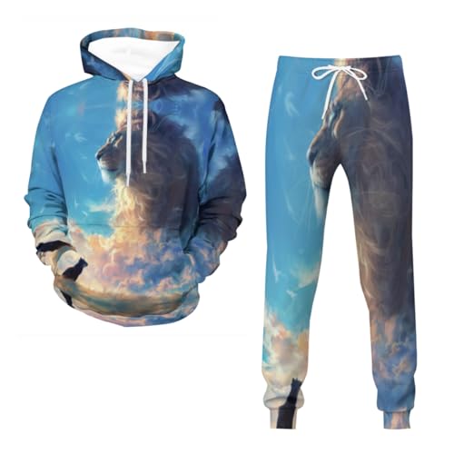 Survêtement homme motif lion avec capuche et pantalon décontracté lot de 2