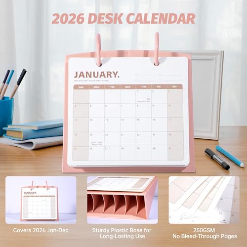 Bibiage Small Desk Calendar 2026 Jan to Dec, Monthly Decorative Flip Calendar for Desk with to Do List, Cute Desk Decor, Standing Calendar for Home School Office Supplies, 7" x 6.5", Pink — view 2