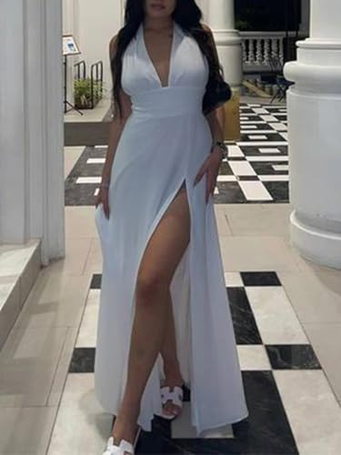 Image of Ekaliy Womens Sexy Halter Deep V Neck Maxi Dress Sleeveless Backless Split Long Dress