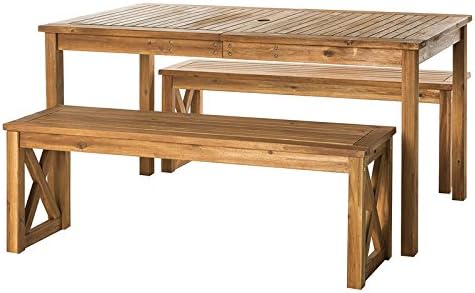 Walker Edison Roanoke Modern 3 Piece Acacia Wood Outdoor Slatted Dining Table and X Frame Bench Set, Set of 3, Brown