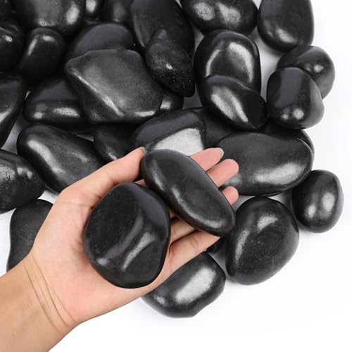 GRISUN 15LB Natural Black River Rocks for Landscaping Outdoor Polished Pebbles for Plants Decorative Stones 1.5-2.5 Inch Large Black Stone for Aquarium, Fish Tank, Vase Filler, Home Decor, Flower Bed