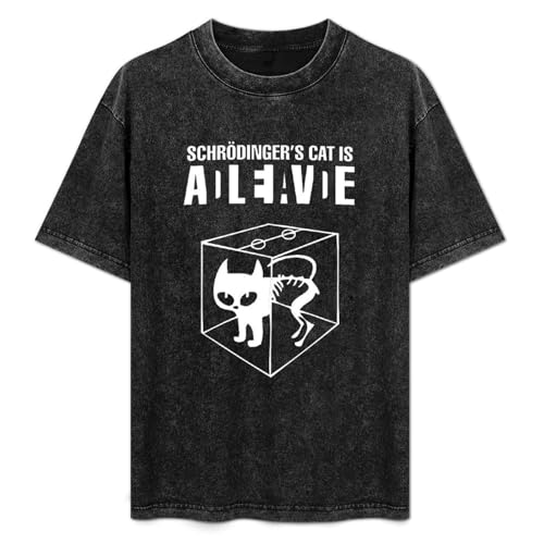Pixelated Jetstream Schrodinger's Cat is Alive Dead Black T-Shirt Printed Tee Graphic Top for Men Unisex Shirt M