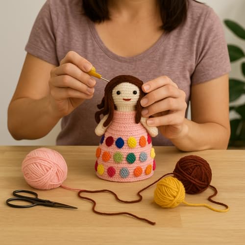 Image of Sutra Handmade Crochet Doll in Pink Rainbow Dress | Wool Amigurumi Soft Toy | Colorful Handmade Gift for Kids, Nursery & Home Decor
