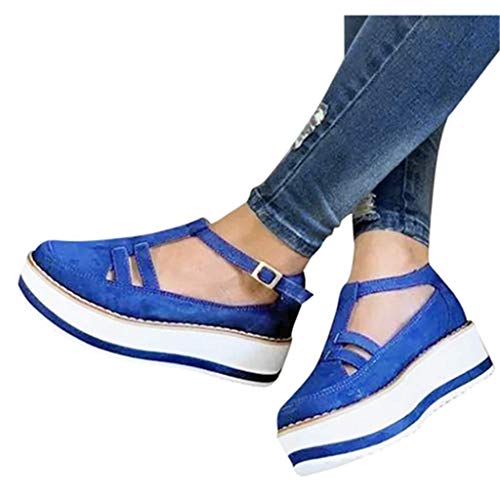 Haoricu Womens Sandals Ladies Rome Comfort Flats Hollow Platform Casual Sandals Fashion Sneakers Blue #TOP17