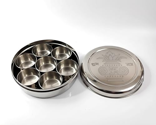 Image of Stainless Steel Round Pooja Box with 7 Containers | Compact Puja Samagri Storage Box | Durable Steel Sindoor Kumkum Chawal Box | 11 cm
