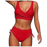JJPAR Bikini Maillot de Bain Taille Haute Femme 2 Pieces Imprimé Feuilles Tankini Bustier Shorty Sexy Pas Cher Push Up Bresilien Bikini Rembourré Sport Plage Rouge L